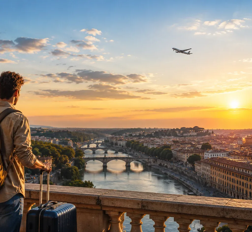 un giovane guarda il panorama di una città europea (AI img)