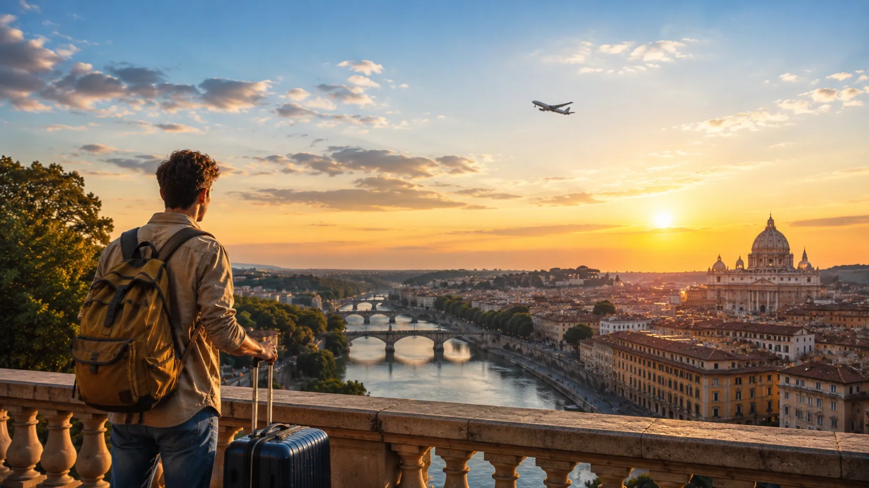 un giovane guarda il panorama di una città europea (AI img)