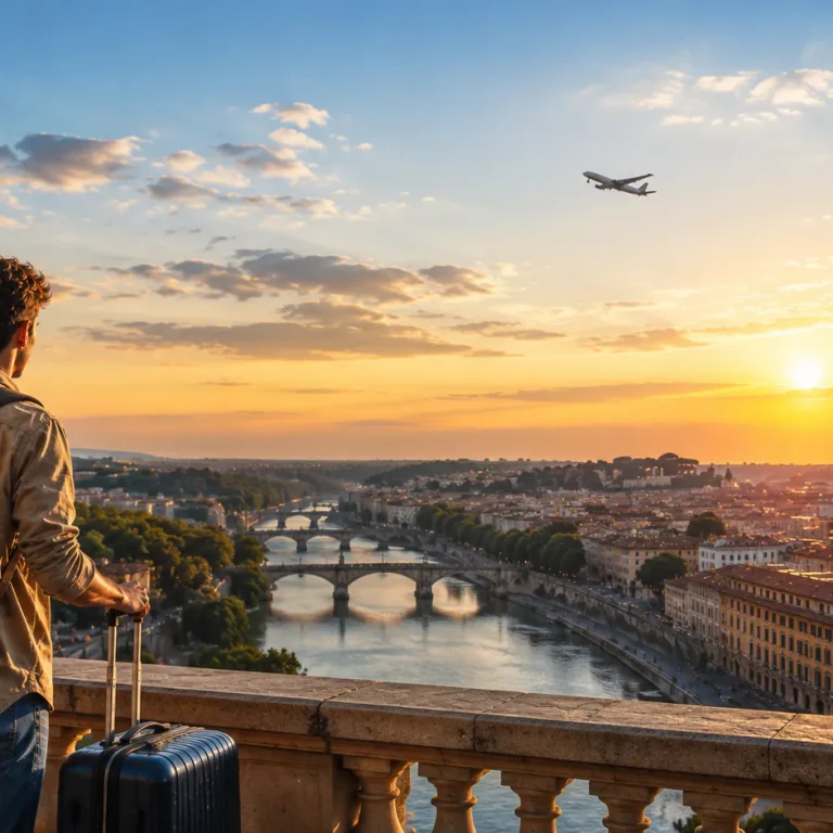 un giovane guarda il panorama di una città europea (AI img)