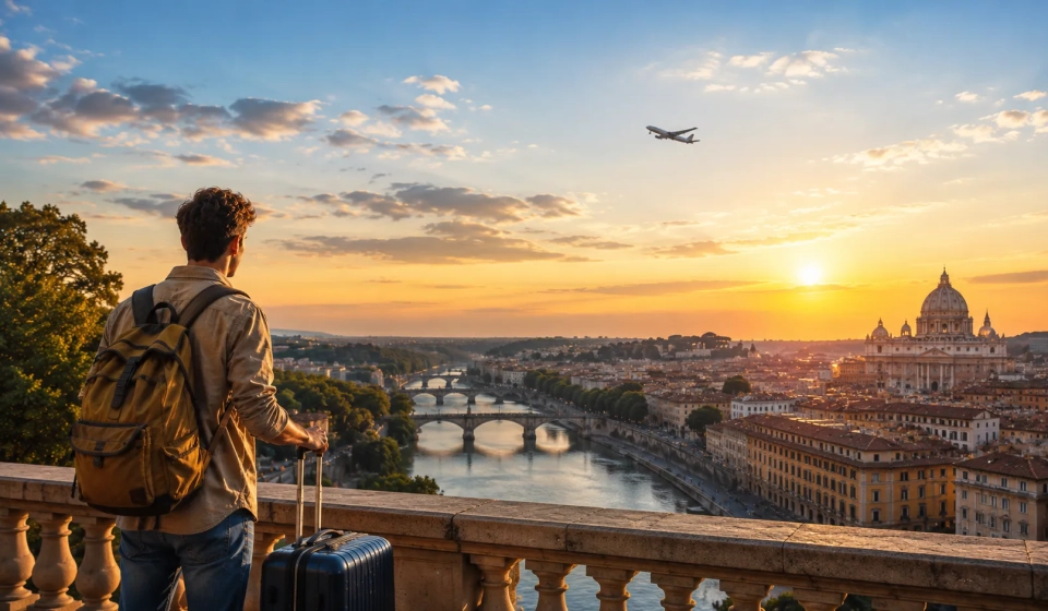 un giovane guarda il panorama di una città europea (AI img)